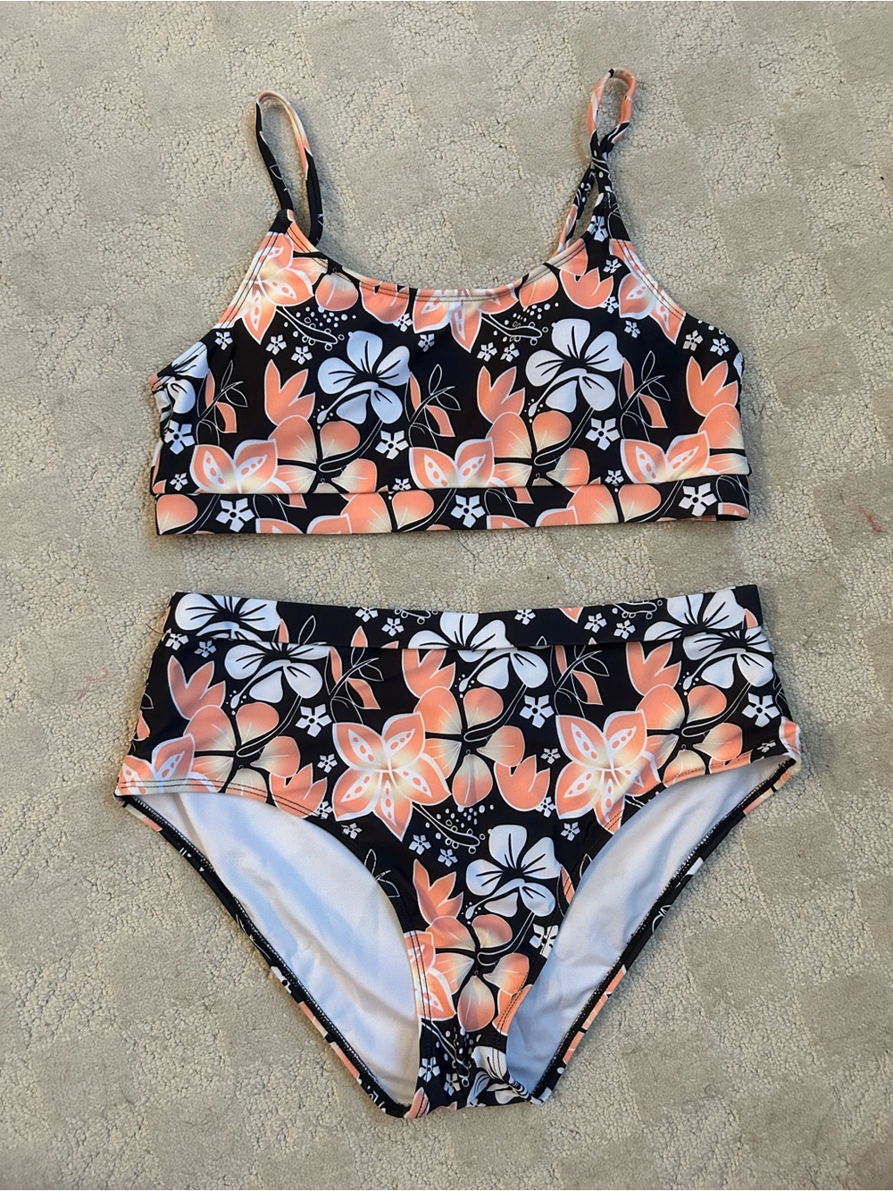 High-Waist Floral Bikini Set - Black & Orange - Picture 3 of 5